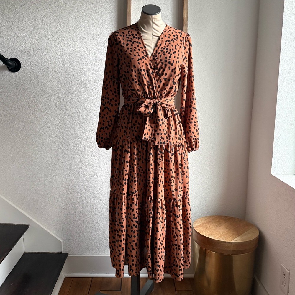 R. Vivimos Leopard Print Belted Wrap Midi Dress Sz: Small or 4/6